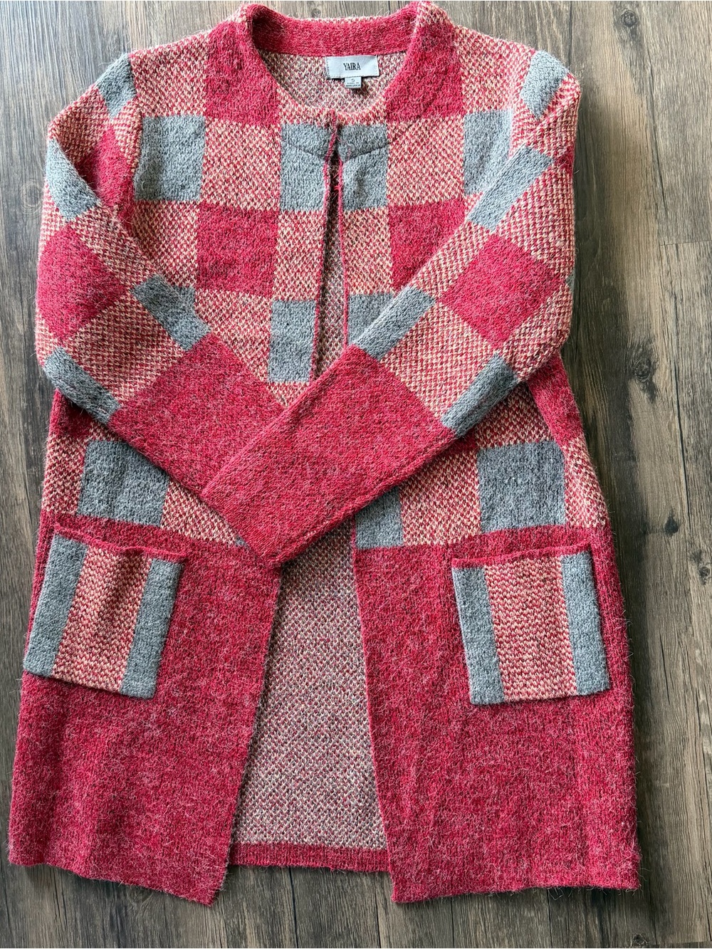 YAIRA Red & Gray Check Open Cardigan Sweater